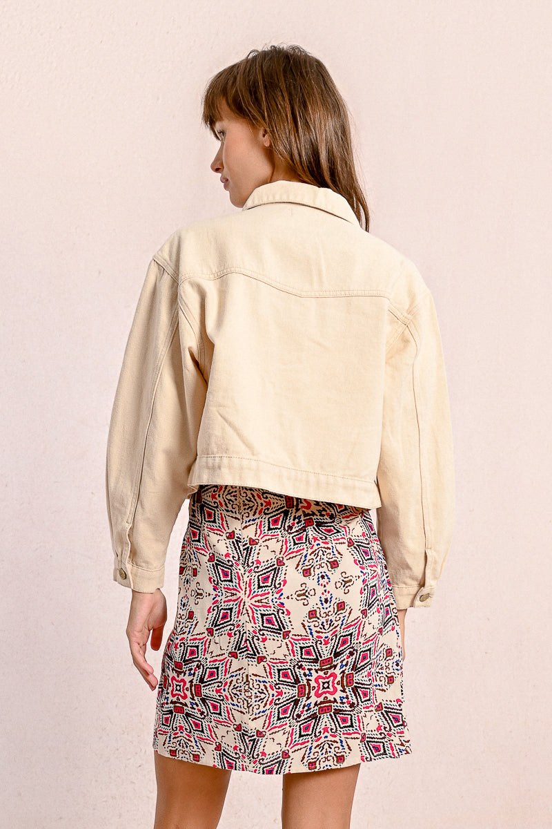 Cream Cropped Cotton Button Up Jacket Back View Pizzazz Beloit