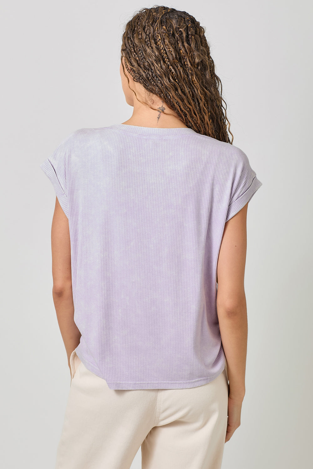 Crochet Pocket Rolled Up Cuff Top Back View Pizzazz Beloit