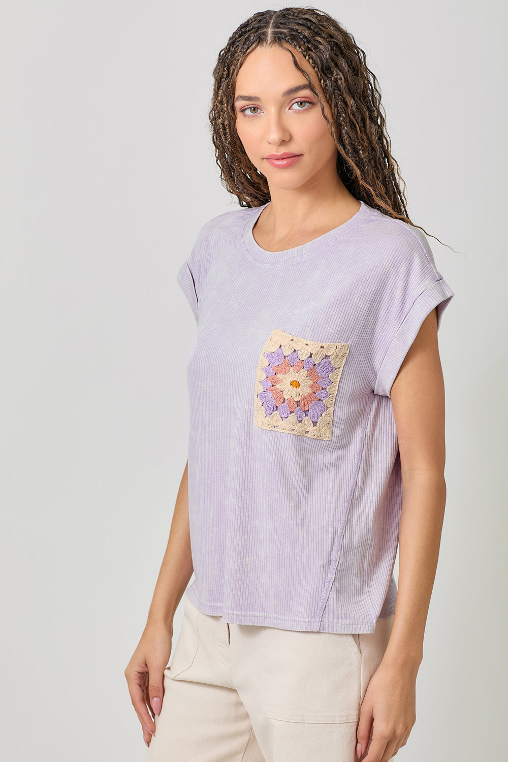 Crochet Pocket Rolled Up Cuff Top Side View Pizzazz Beloit