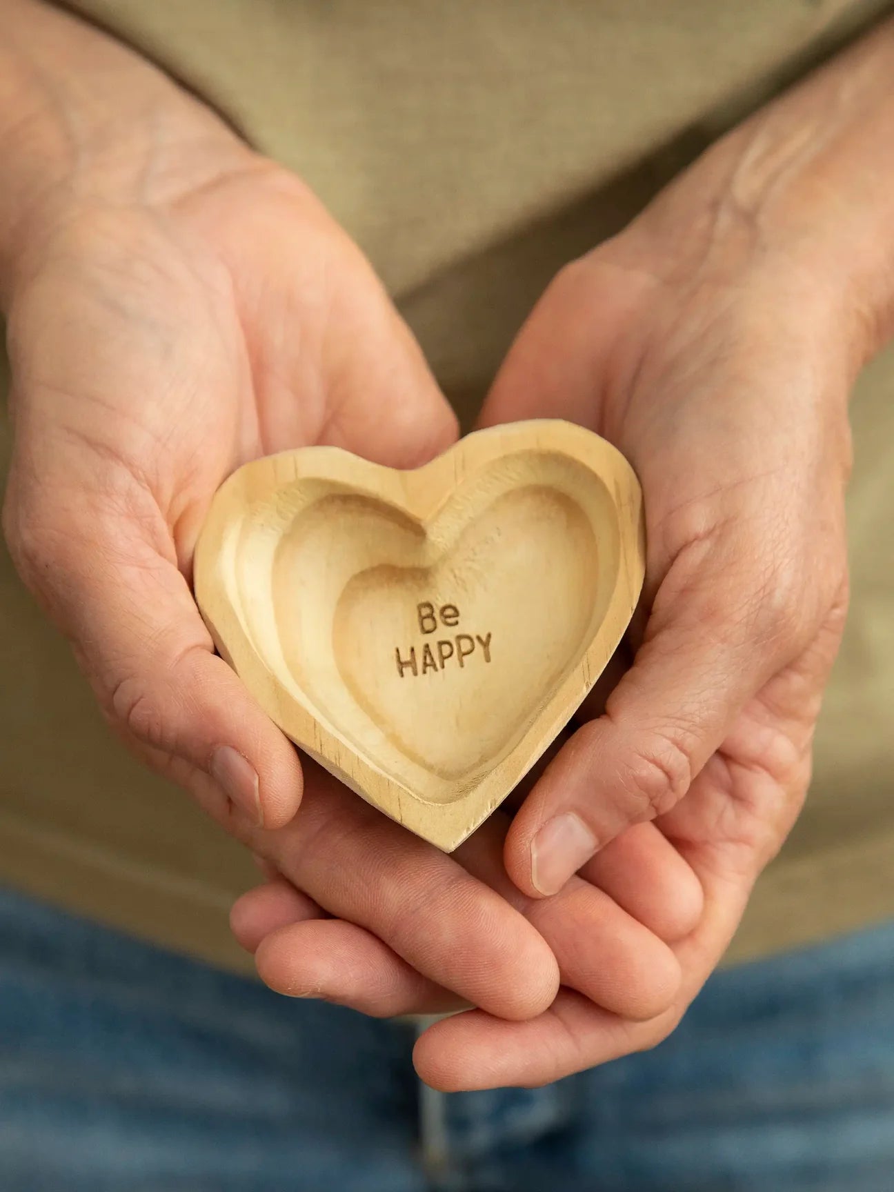 Be Happy Wooden Heart Trinket Jewelry Dish