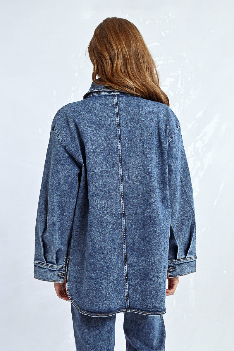 Sparkling Rhinestone Accent Denim Overshirt