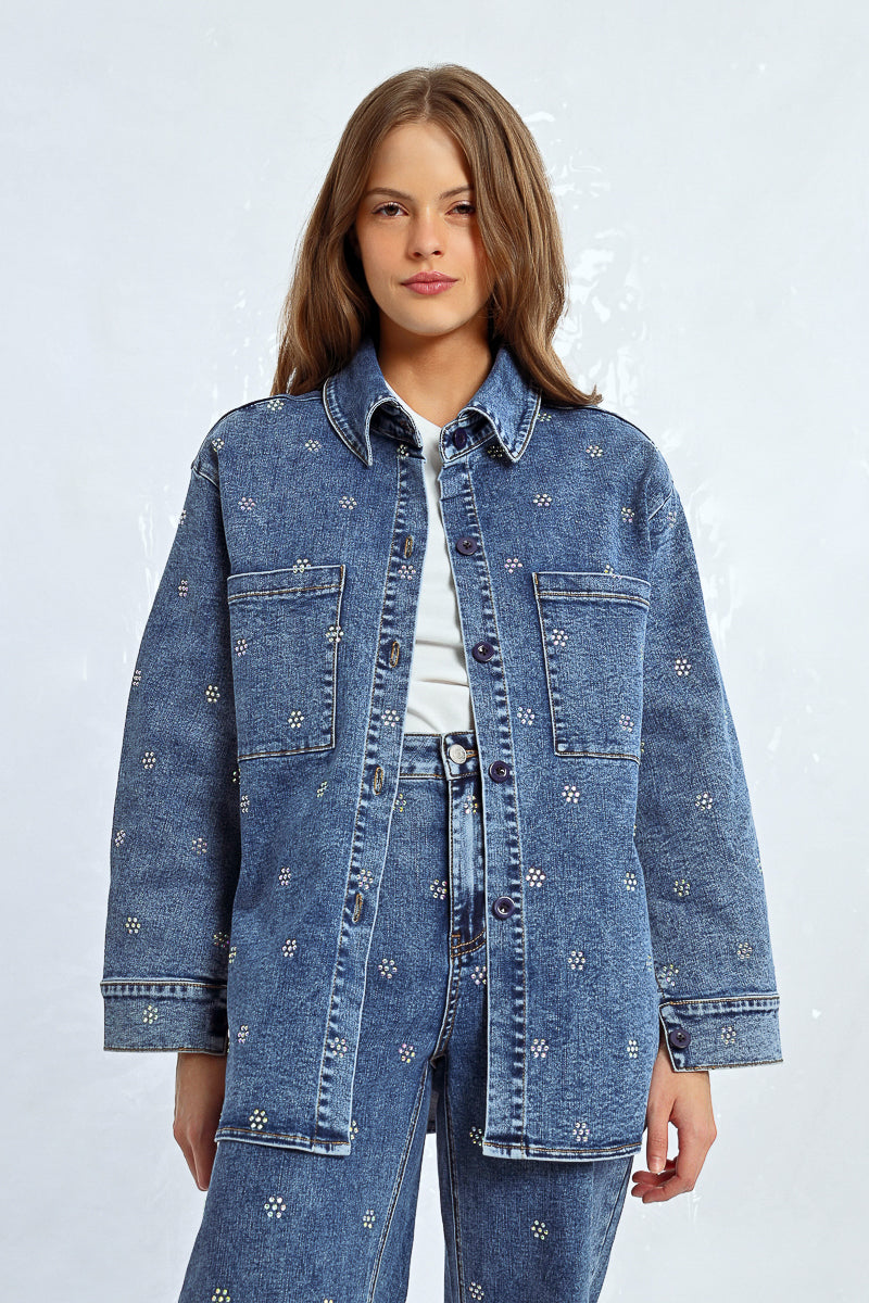 Sparkling Rhinestone Accent Denim Overshirt