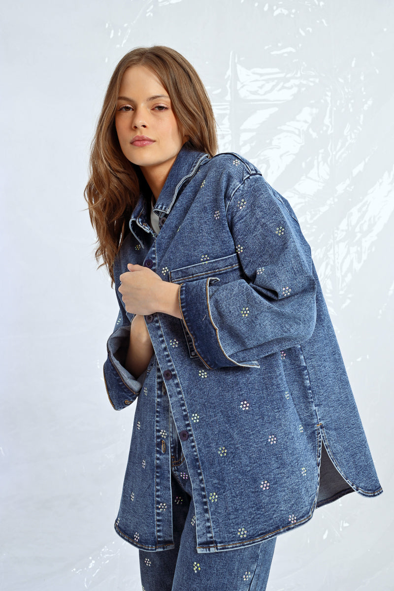 Sparkling Rhinestone Accent Denim Overshirt