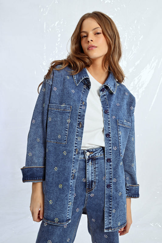 Sparkling Rhinestone Accent Denim Overshirt