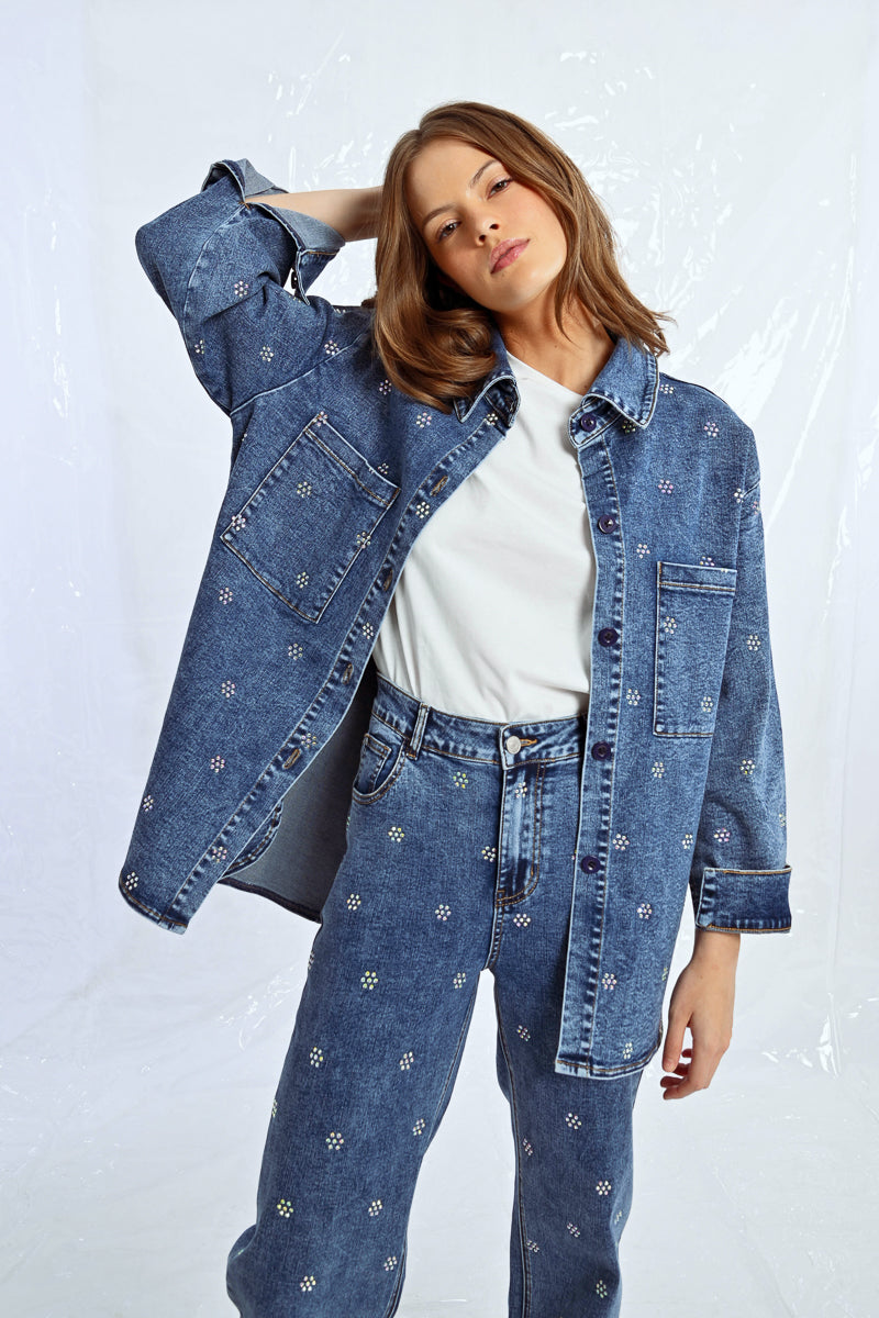 Sparkling Rhinestone Accent Denim Overshirt
