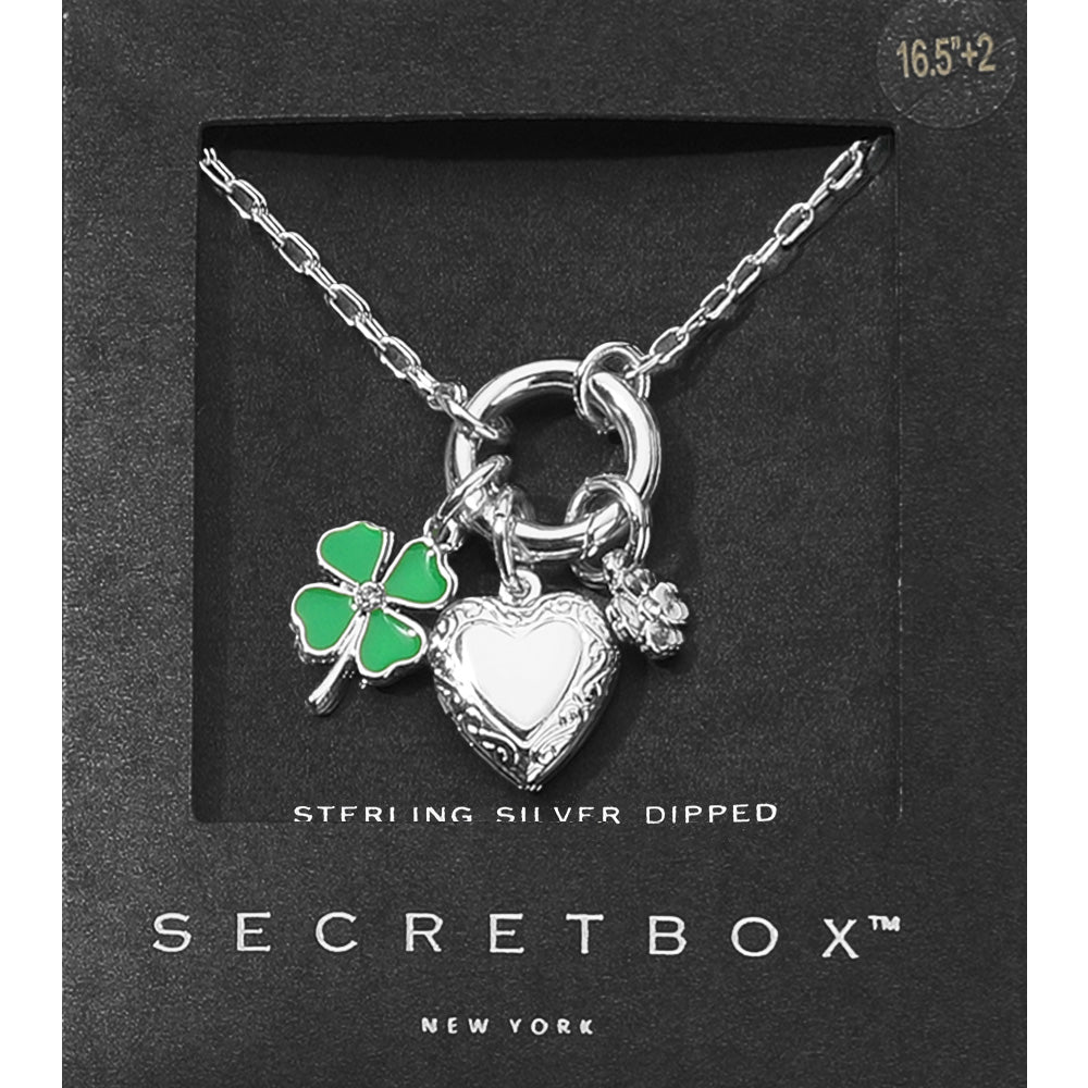 Sterling Silver Dipped Enamel Clover Metal Heart Locket Pendant Necklace
