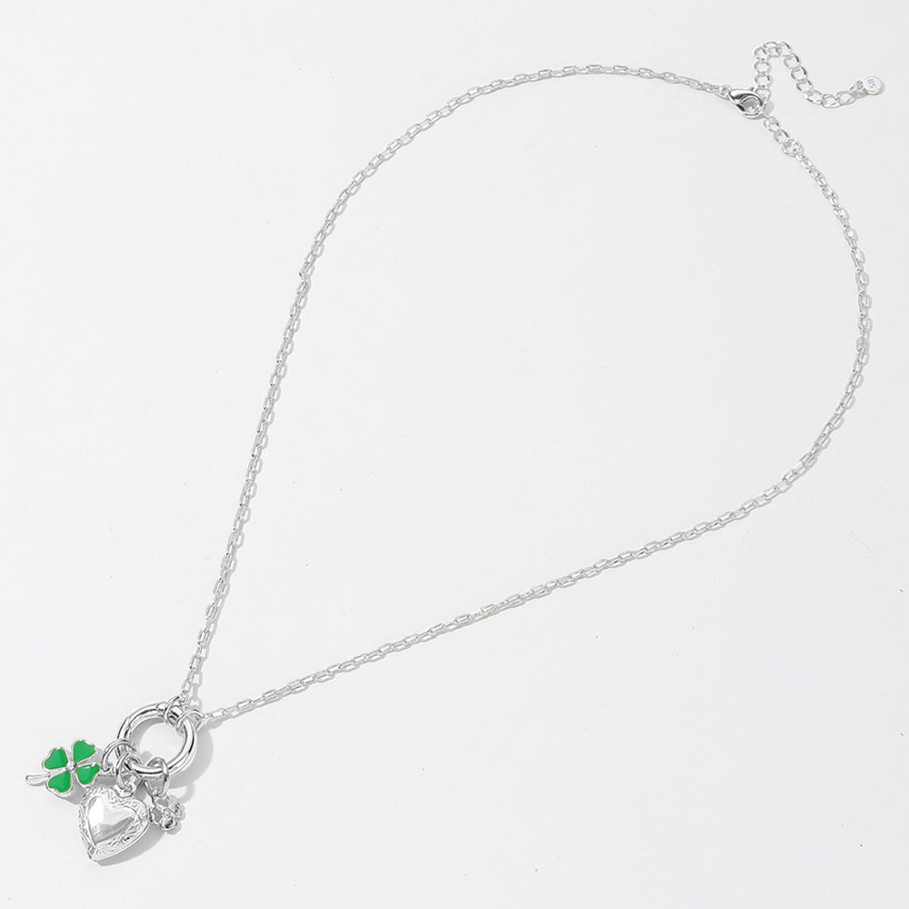 Sterling Silver Dipped Enamel Clover Metal Heart Locket Pendant Necklace