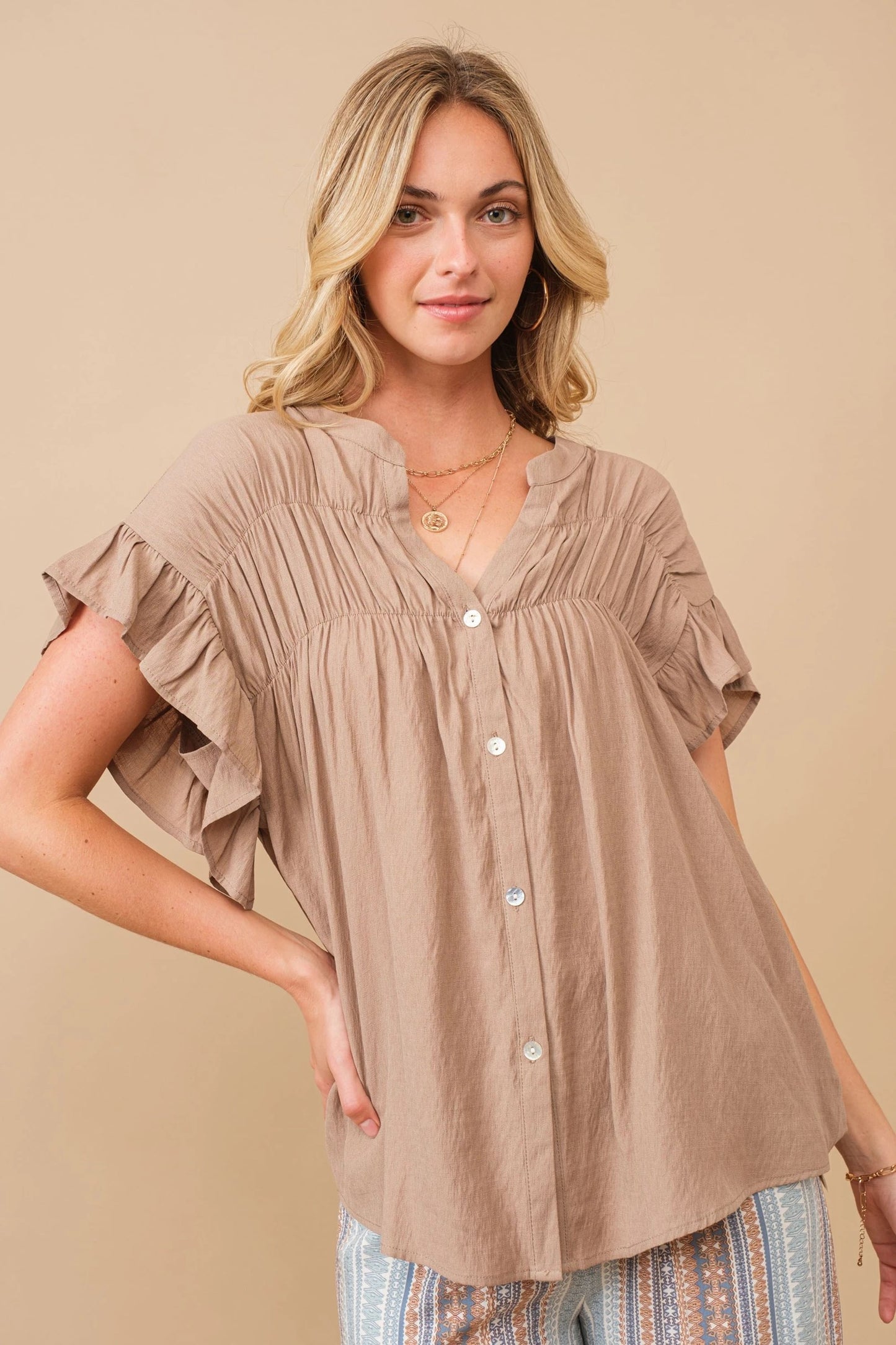 Feminine Ruffle Sleeve Loose Fit Top Close View Pizzazz Beloit