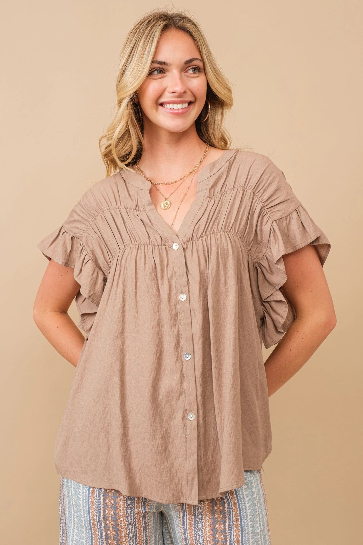 Feminine Ruffle Sleeve Loose Fit Top Pizzazz Beloit