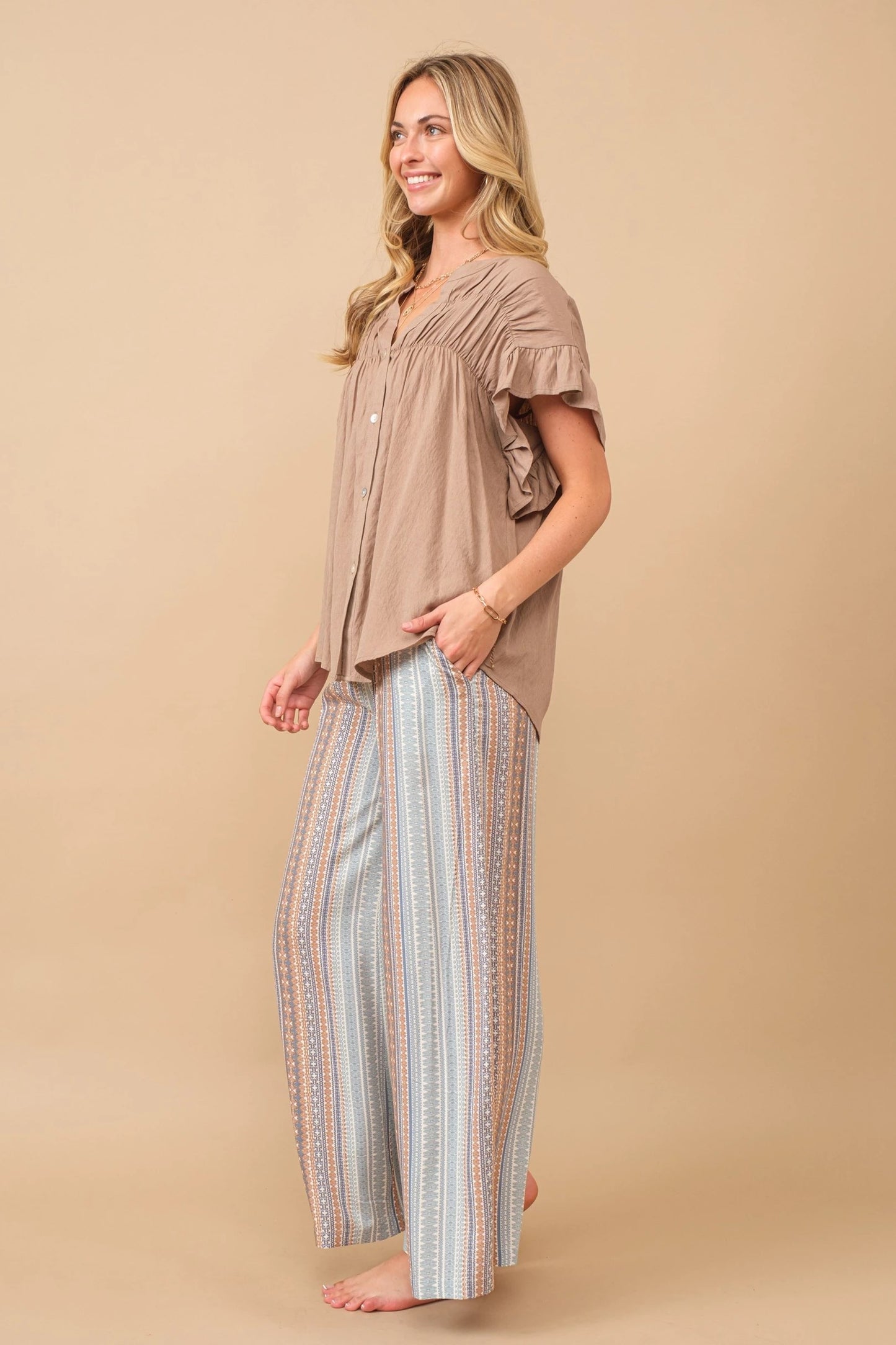 Feminine Ruffle Sleeve Loose Fit Top Side View Pizzazz Beloit