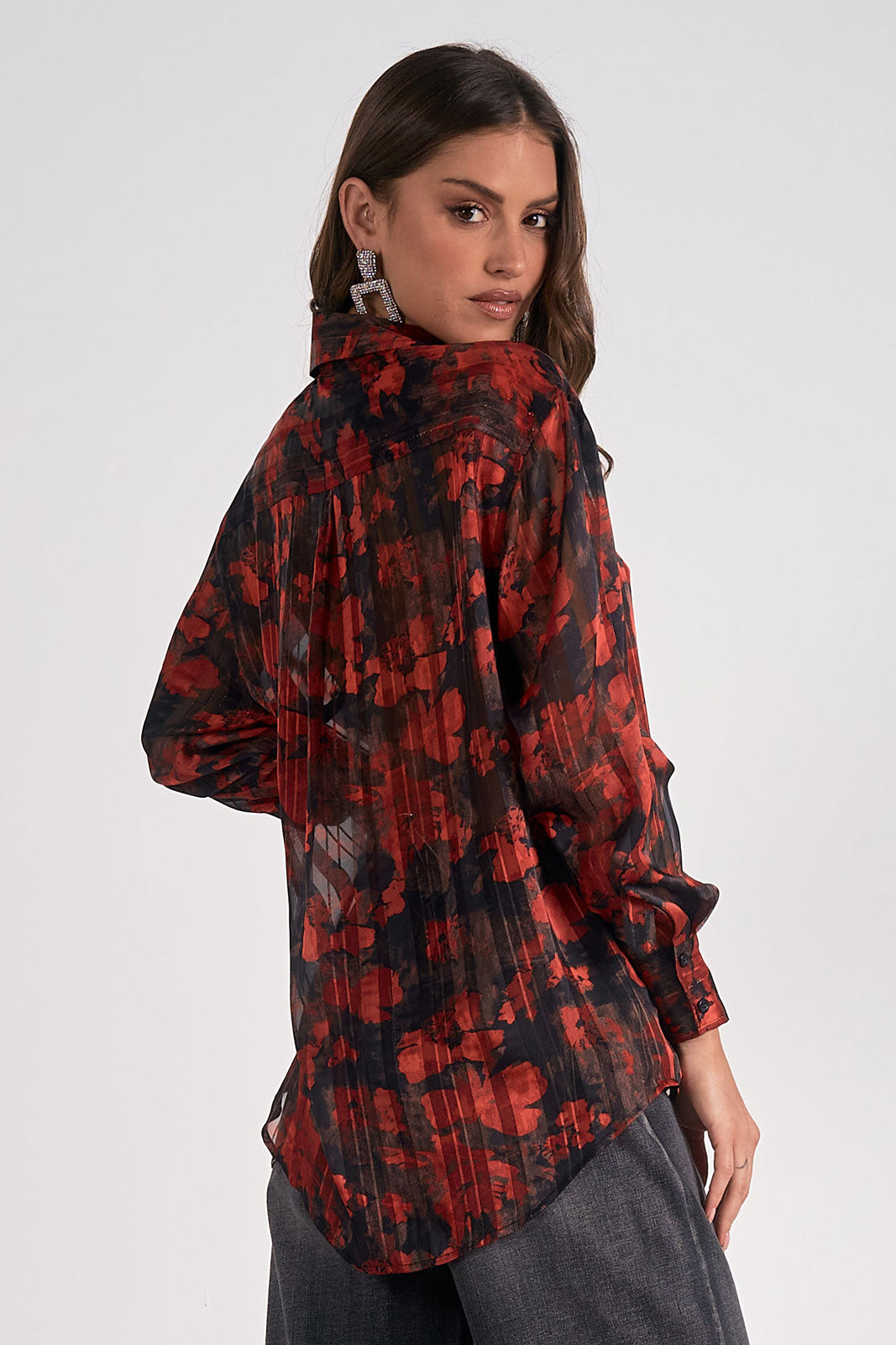 Floral Pleated Button Up Shirt Pizzazz Beloit