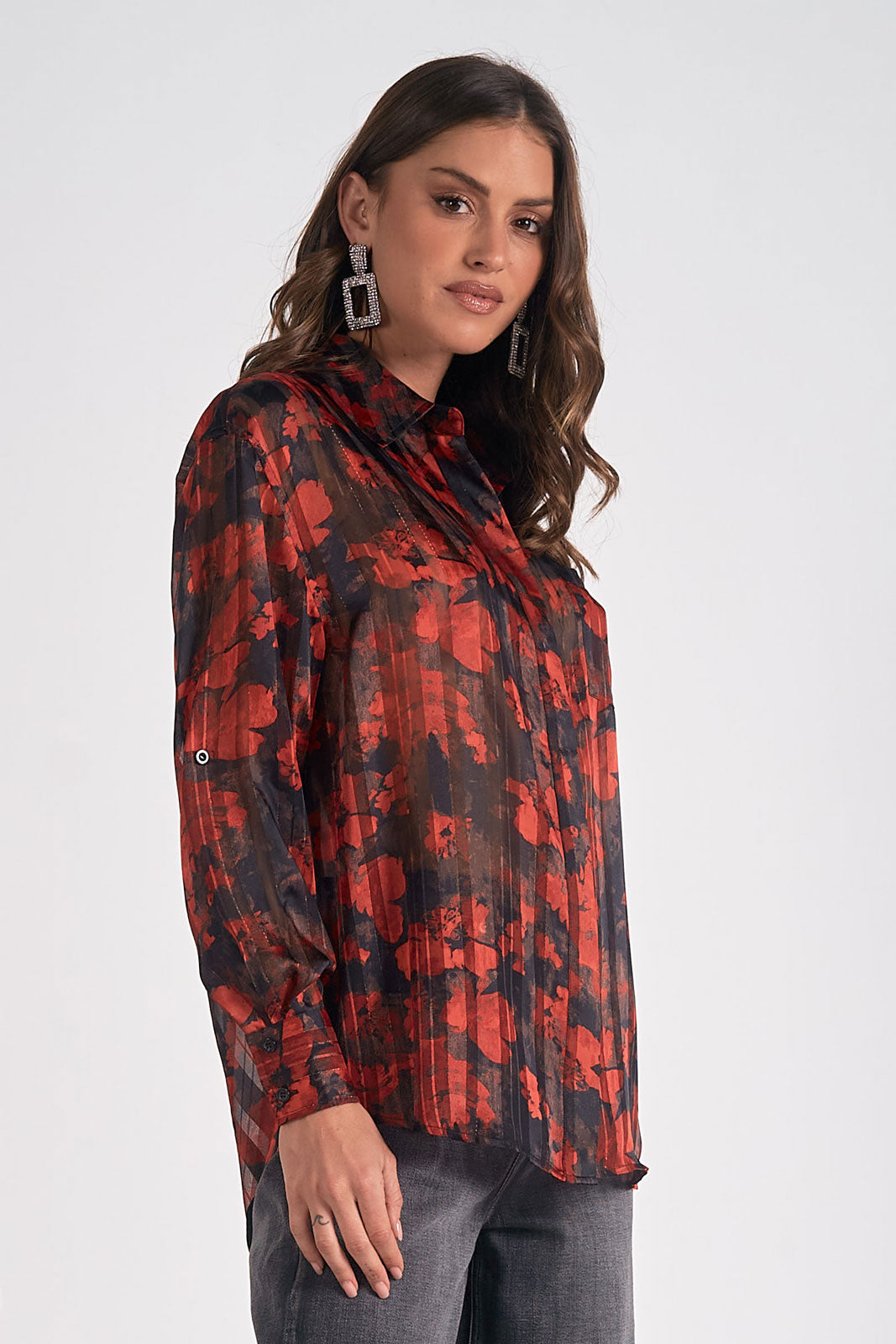 Floral Pleated Button Up Shirt Pizzazz Beloit