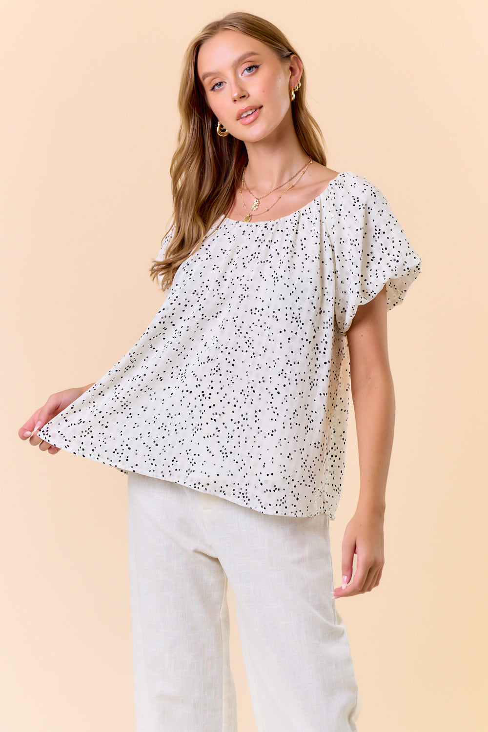 Gathered Neck Elegant Bubble Sleeve Raglan Top Alt View Pizzazz Beloit