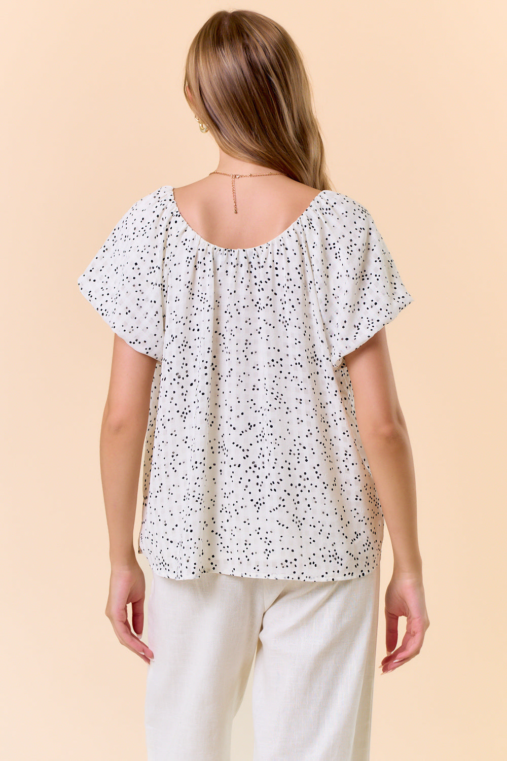 Gathered Neck Elegant Bubble Sleeve Raglan Top Back View Pizzazz Beloit