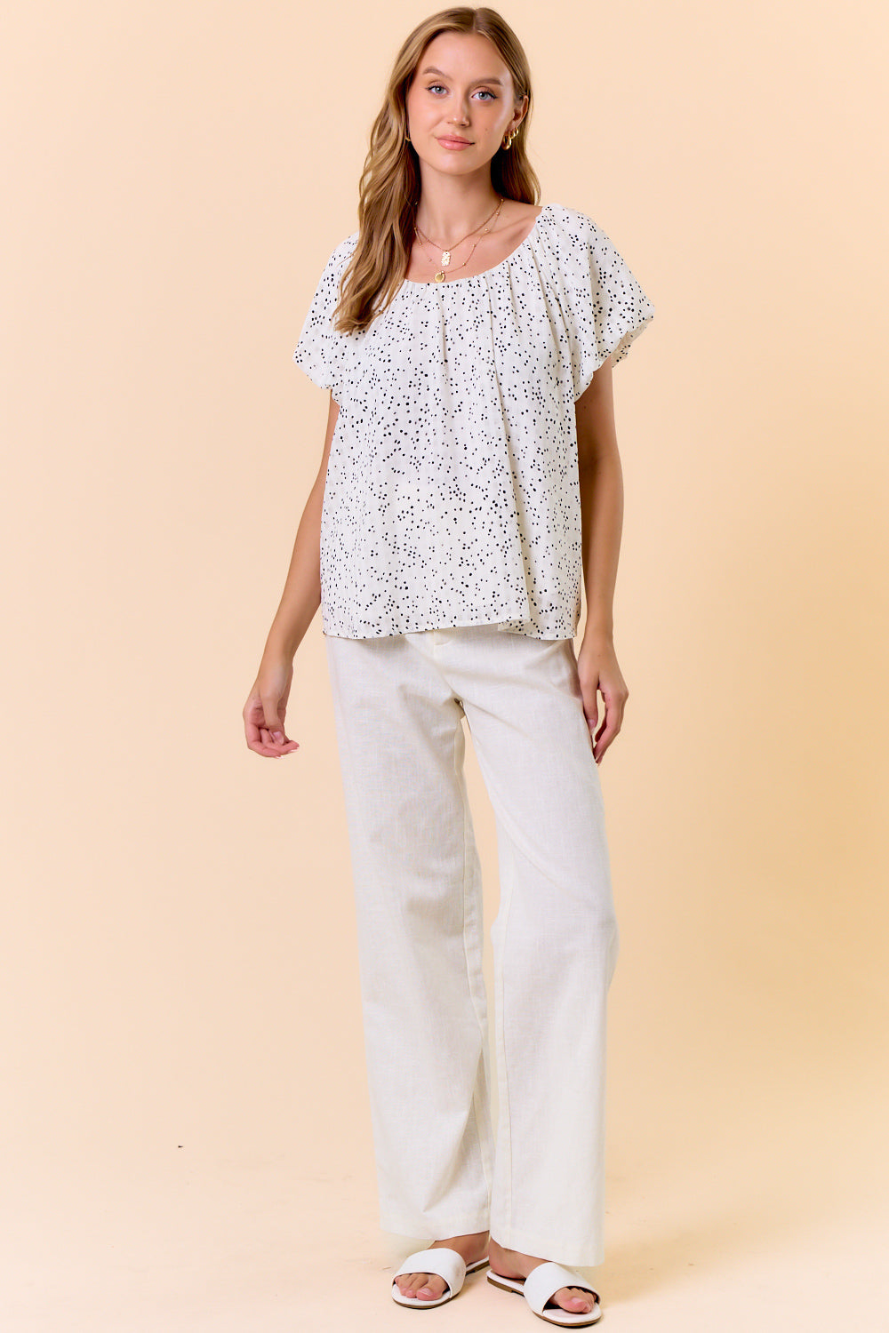 Gathered Neck Elegant Bubble Sleeve Raglan Top Full View Pizzazz Beloit