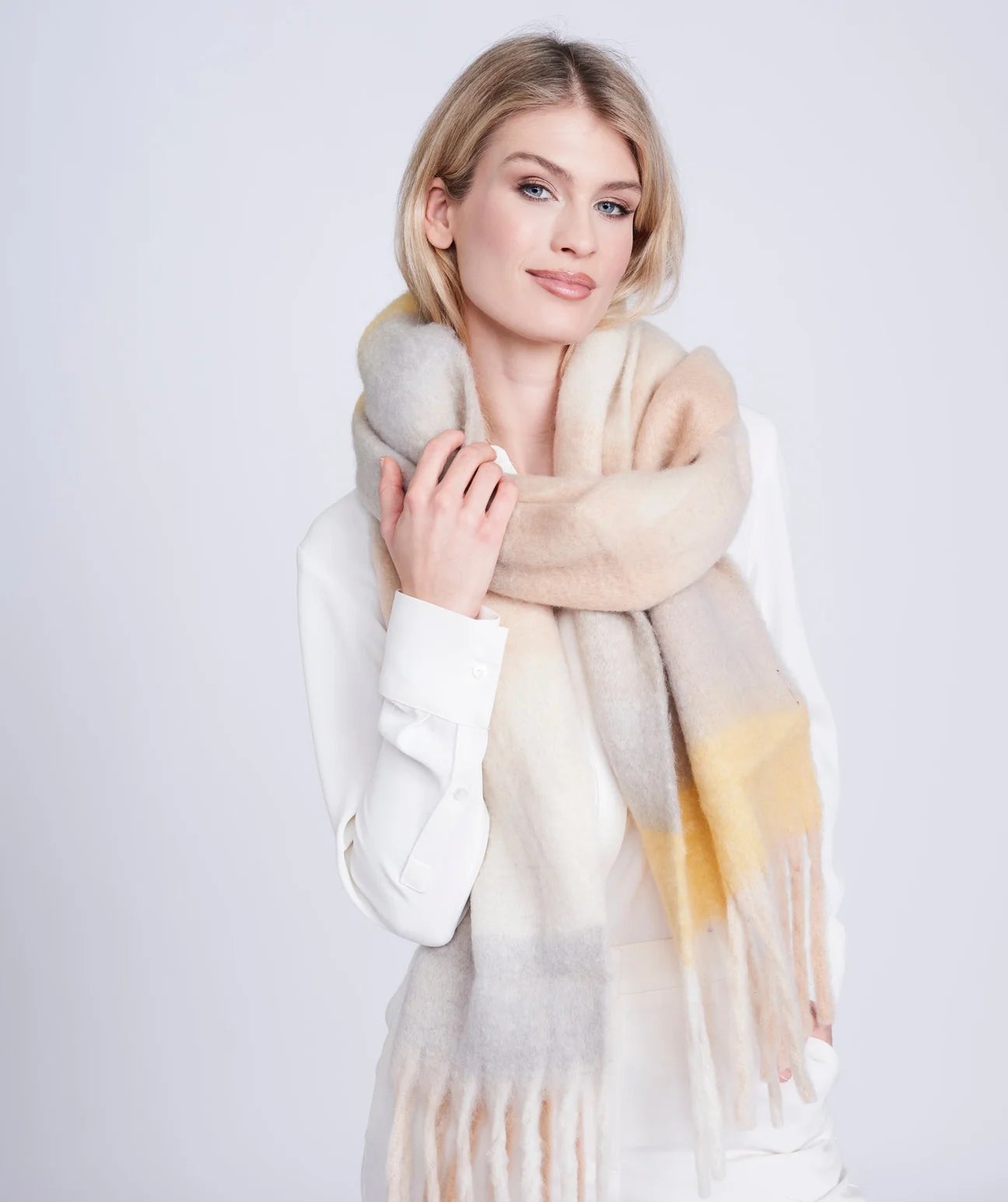 Beige Cream Tonal Striped Blanket Scarf with Twisted Fringing