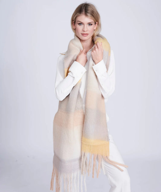 Beige Cream Tonal Striped Blanket Scarf with Twisted Fringing