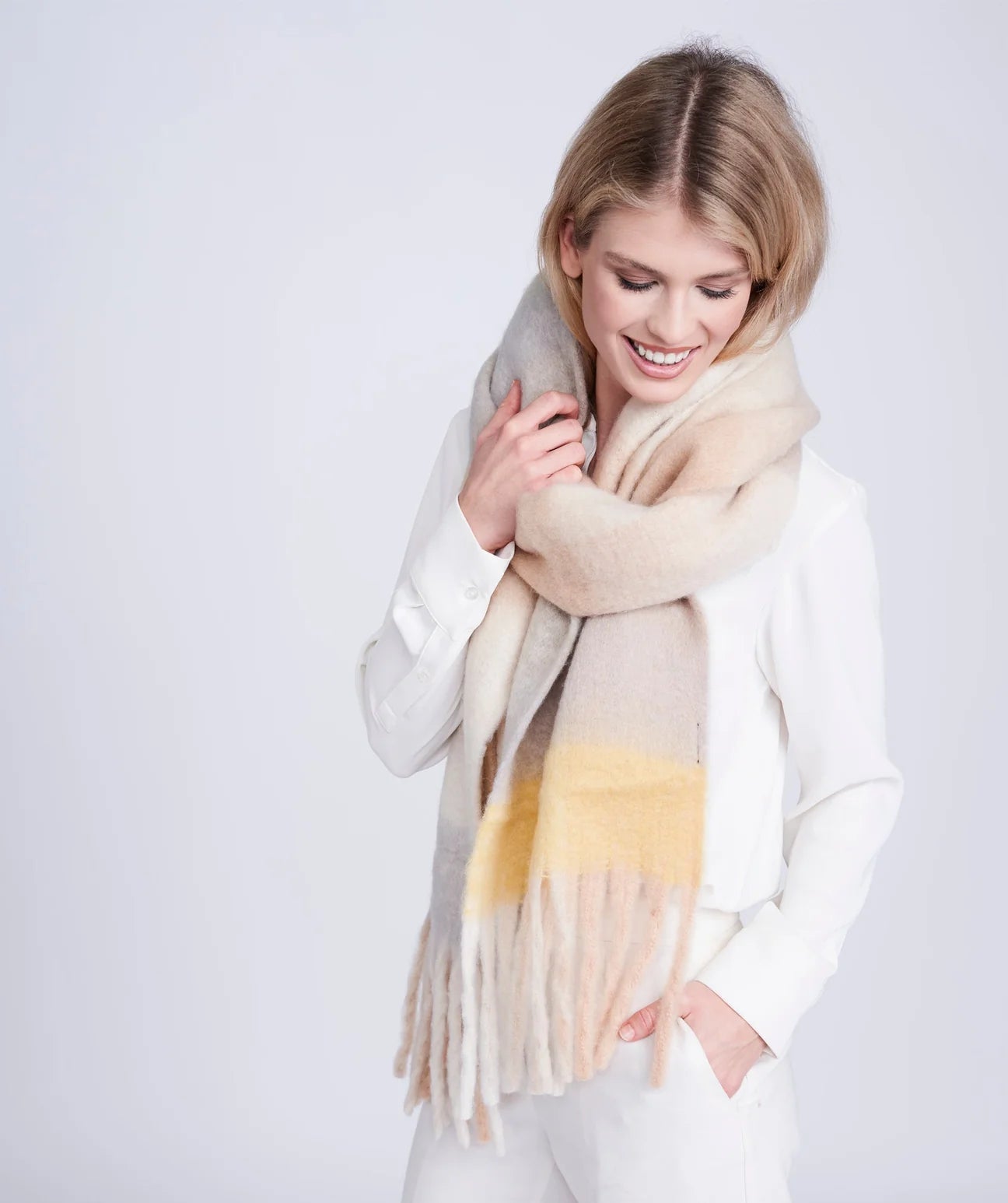 Beige Cream Tonal Striped Blanket Scarf with Twisted Fringing