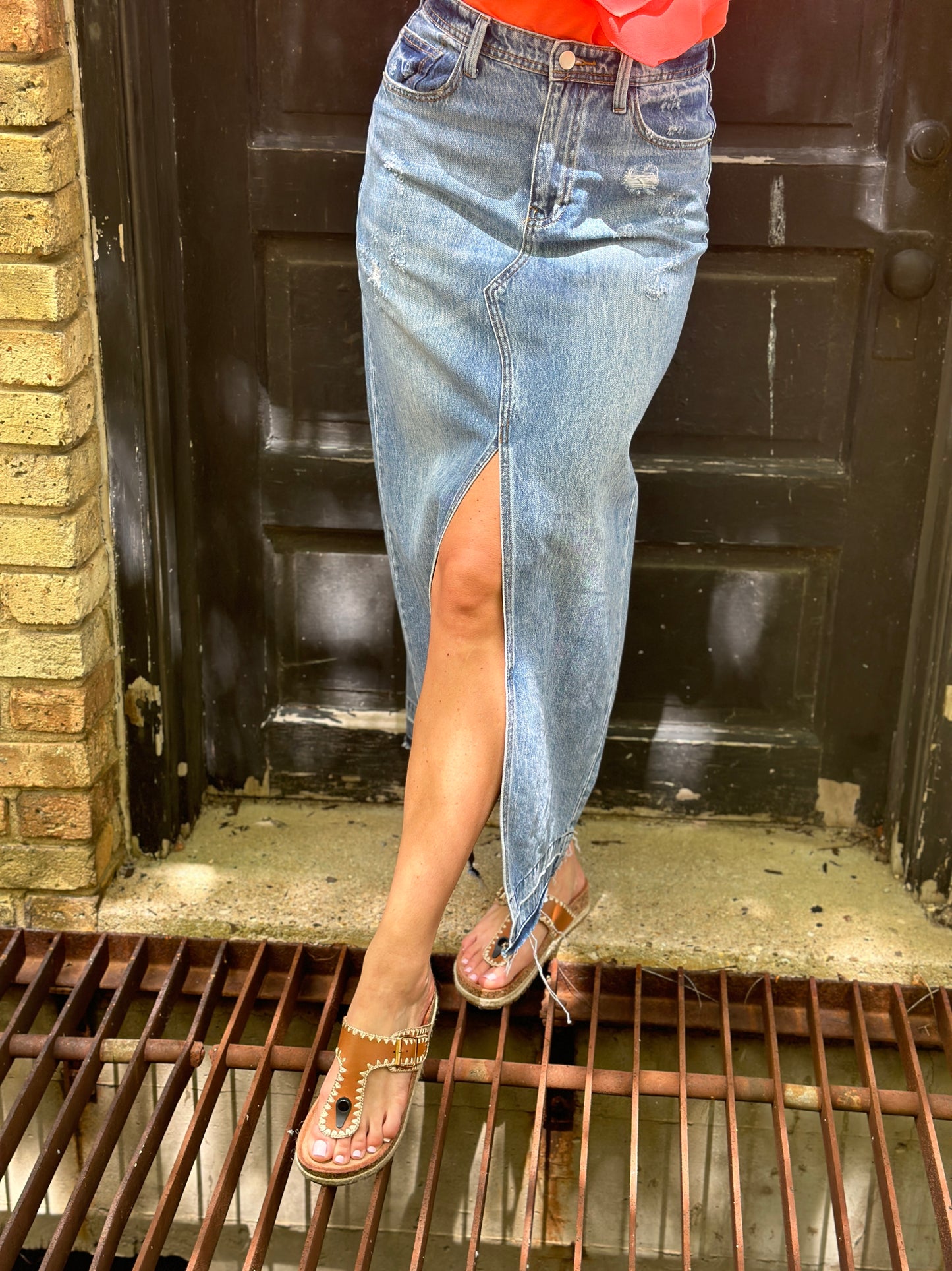 Denim Front Split Maxi Skirt