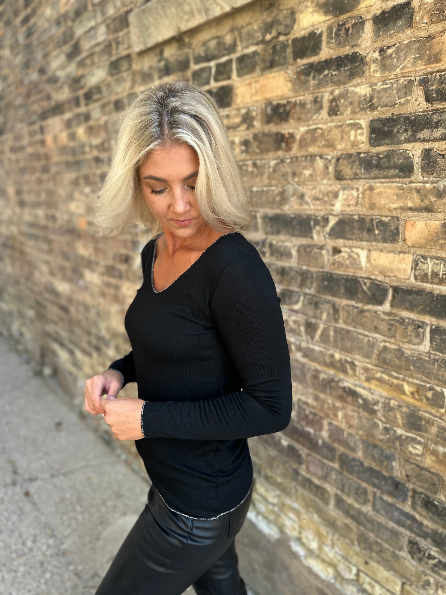 Silver Accent V-Neck Long Sleeve T-Shirt
