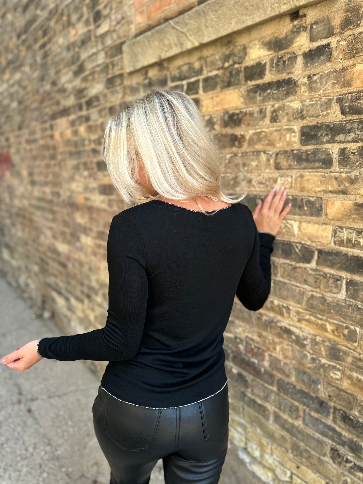 Silver Accent V-Neck Long Sleeve T-Shirt