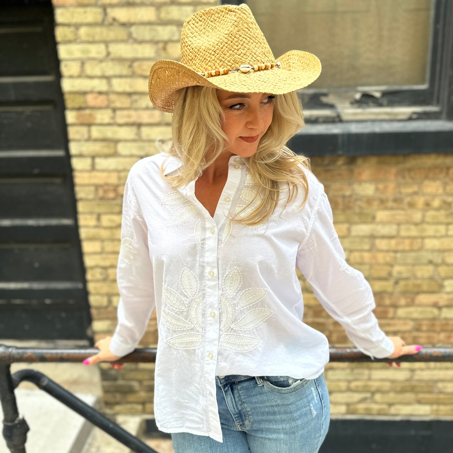 Tone-On-Tone Embroidered Button Up Blouse