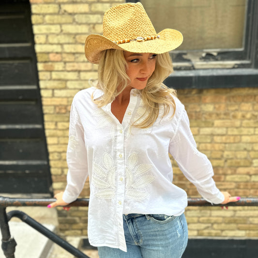 Tone-On-Tone Embroidered Button Up Blouse