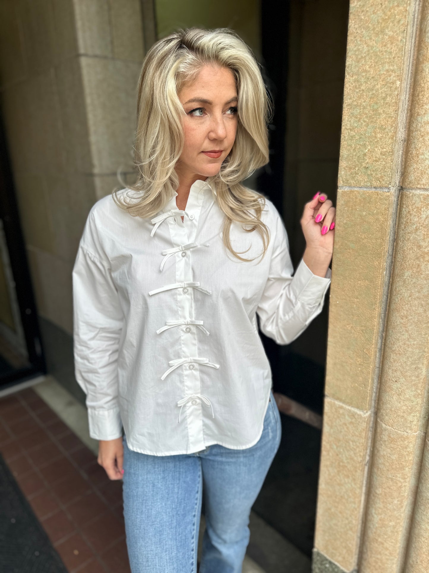 Ribbon Detail Poplin Long Sleeve Top