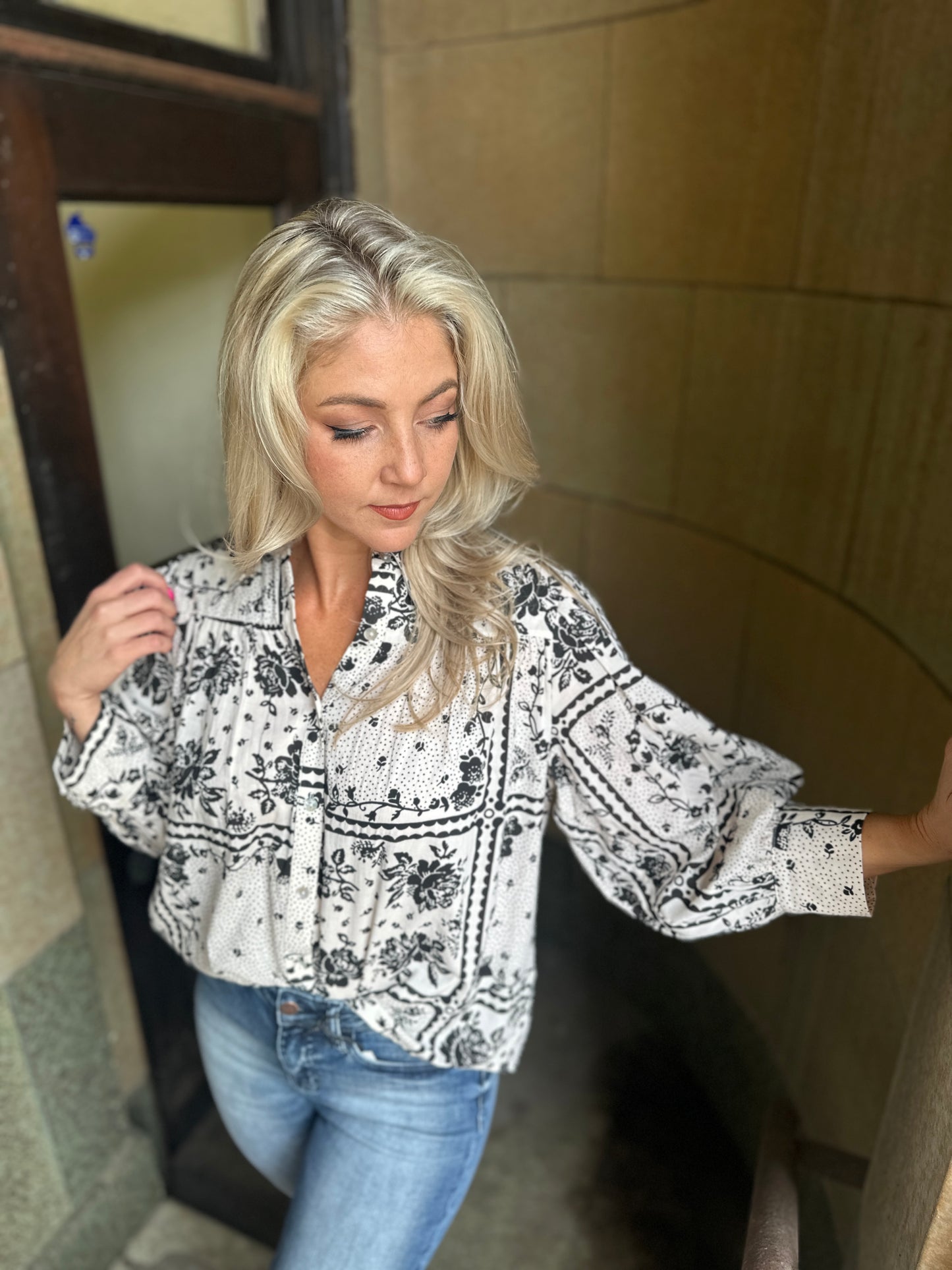 Black Floral Print Button Down Shirt