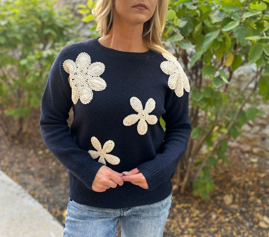 Midnight Blooms Crochet Sweater