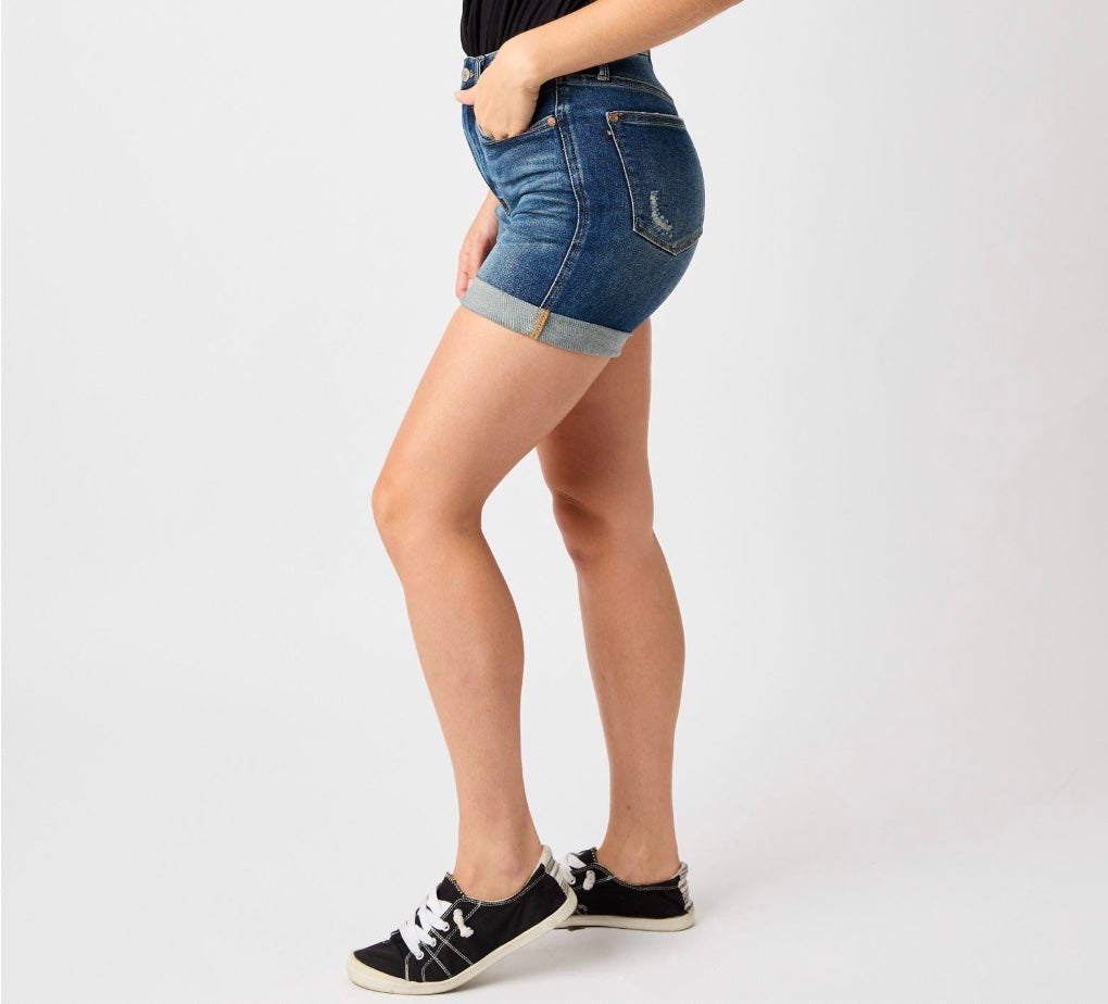 High Waist Tummy Control Vintage Wash Cuffed Shorts Pizzazz Beloit