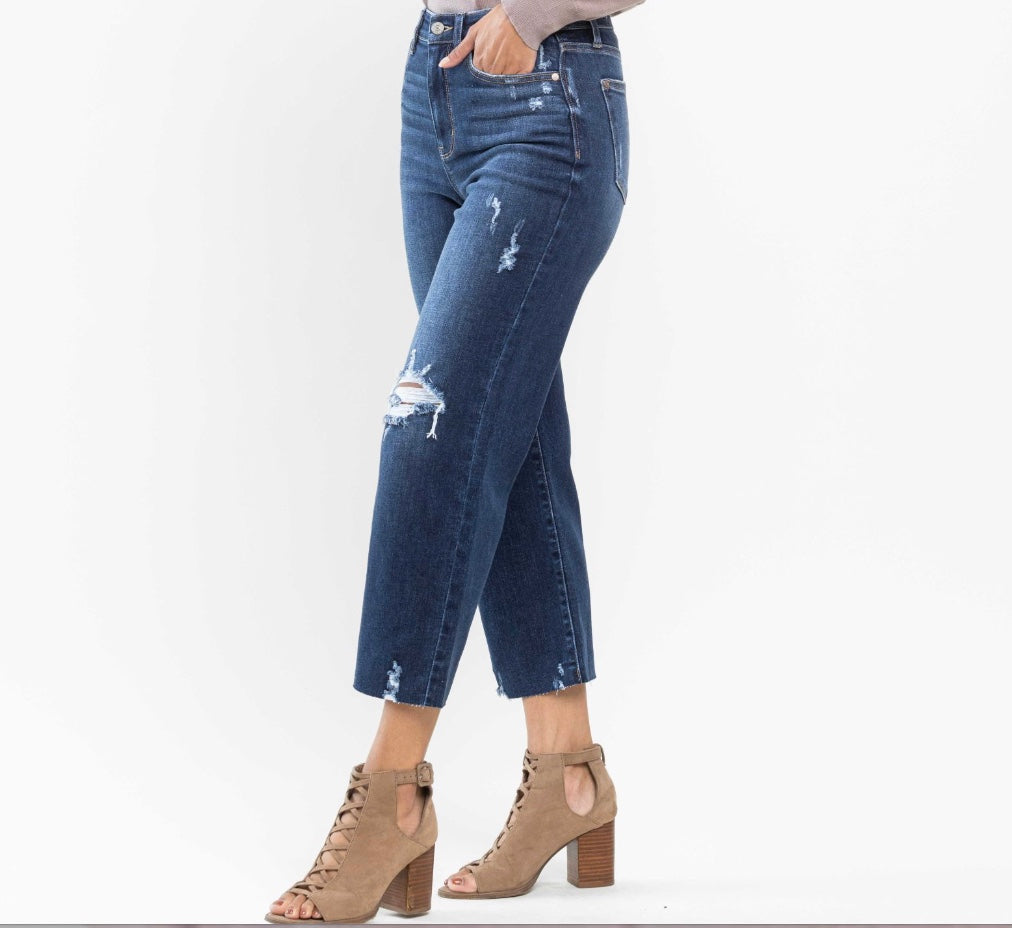 Judy Blue Knee Destroy Crop Wide Leg Jeans
