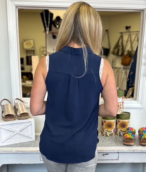 Classic Charm Navy Sleeveless Blouse
