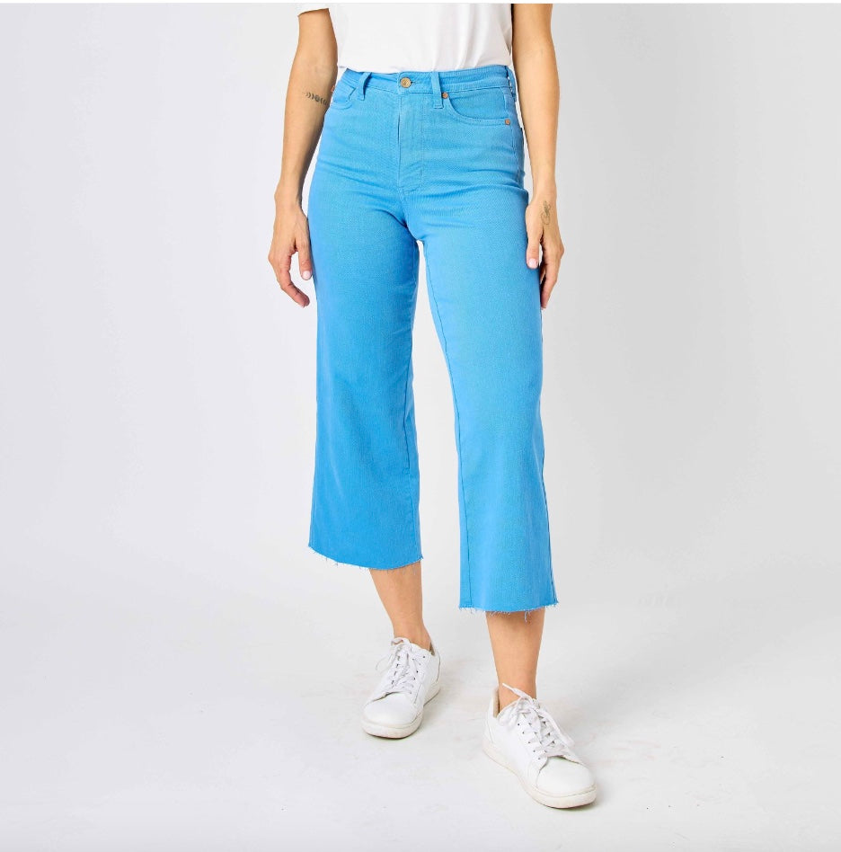 Judy Blue Sky Blue Dyed Tummy Control Wide Leg Crop Jeans