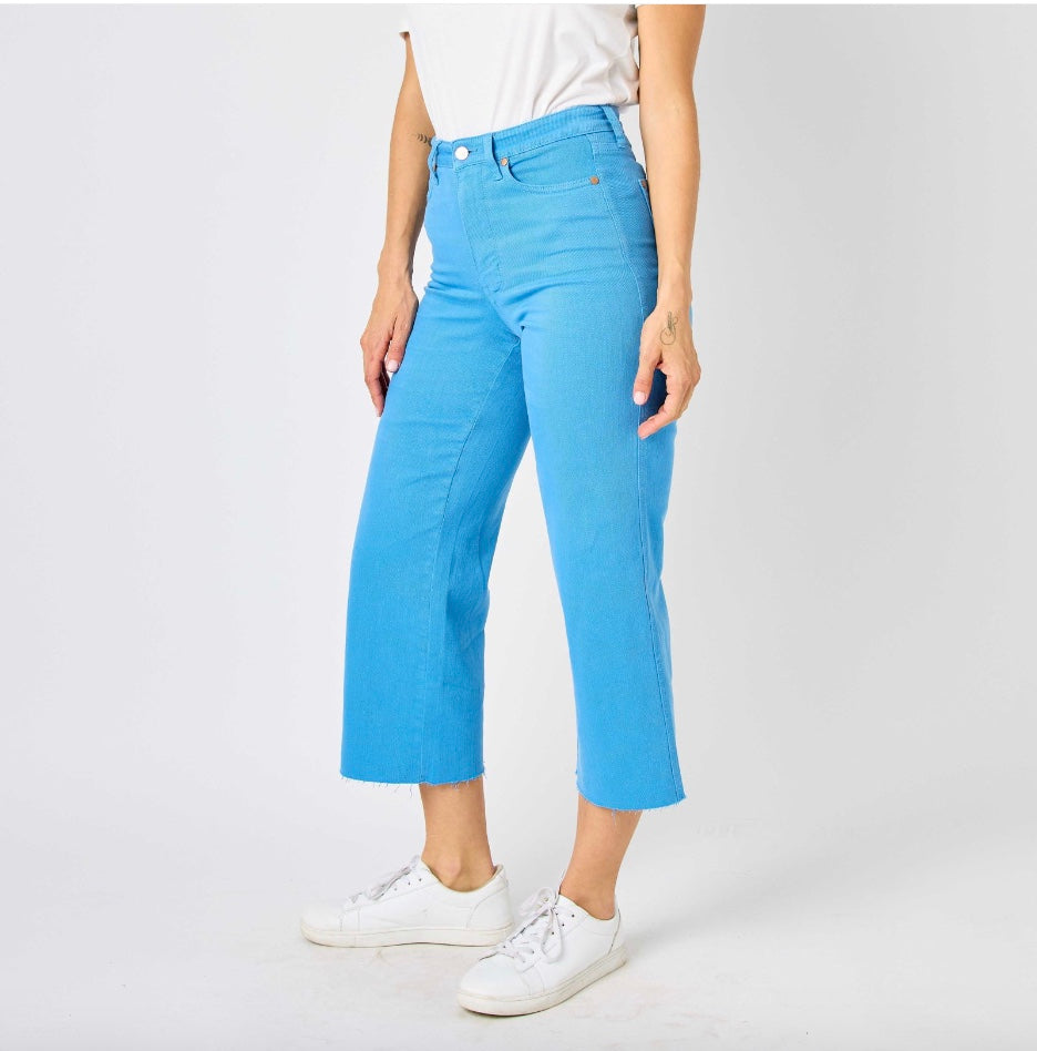 Judy Blue Sky Blue Dyed Tummy Control Wide Leg Crop Jeans