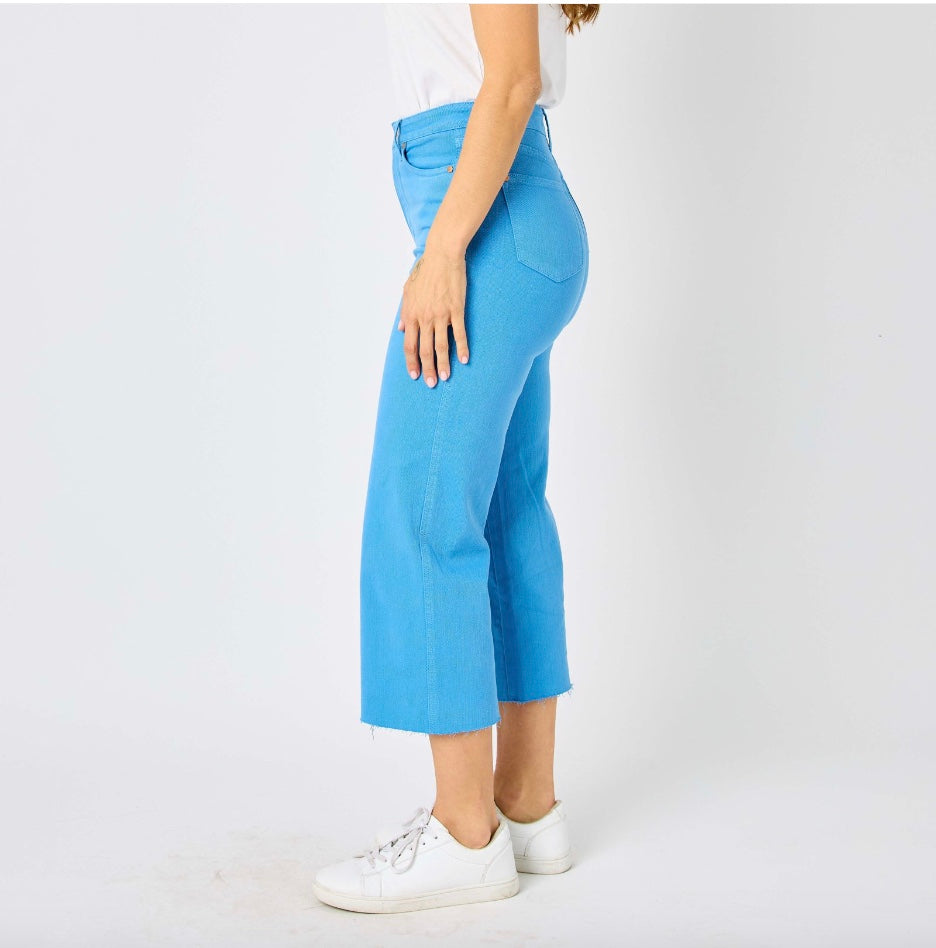 Judy Blue Sky Blue Dyed Tummy Control Wide Leg Crop Jeans