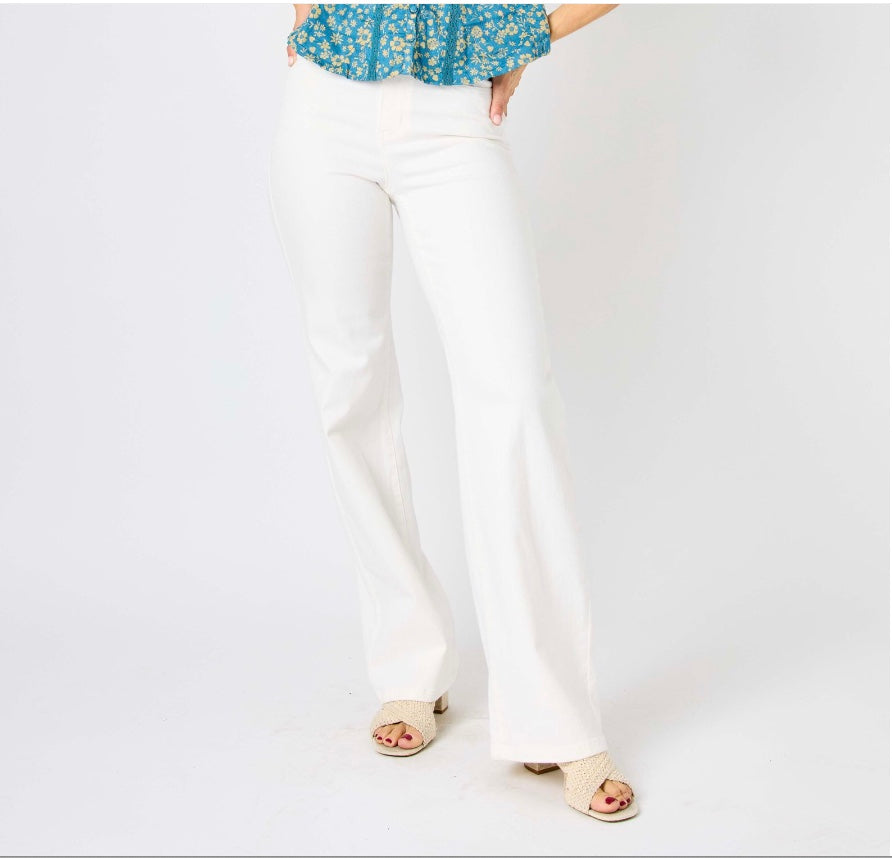 Judy Blue White High Waist Braided Waistband Wide Leg Jeans