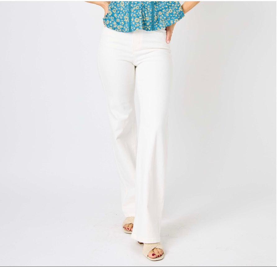 Judy Blue White High Waist Braided Waistband Wide Leg Jeans