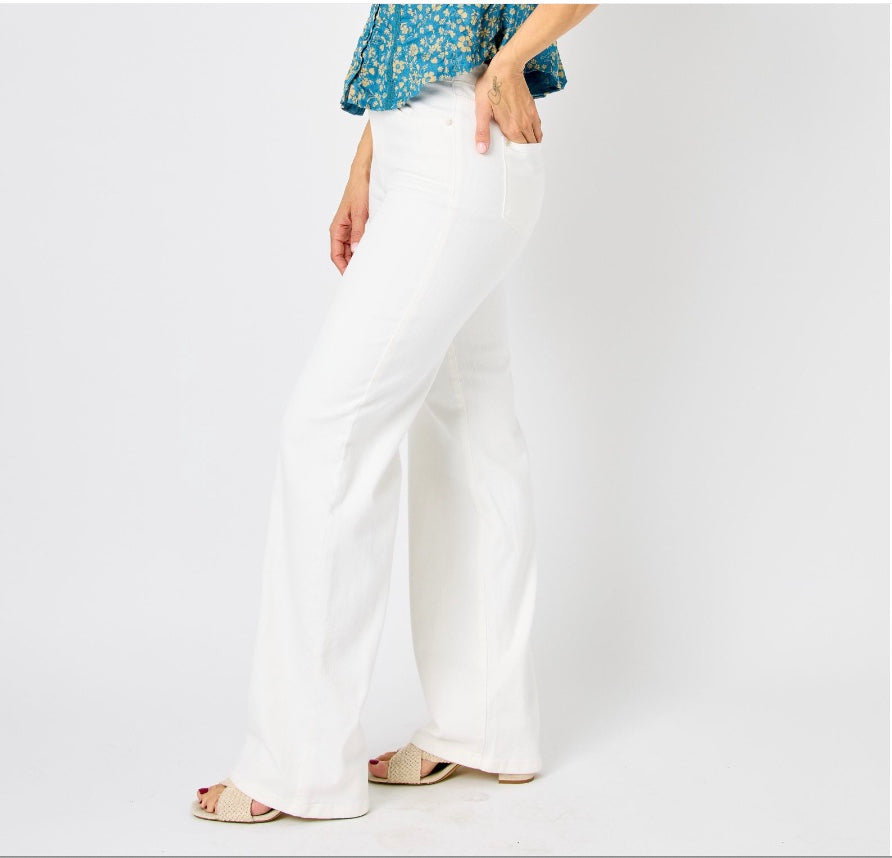 Judy Blue White High Waist Braided Waistband Wide Leg Jeans