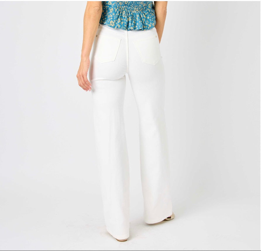 Judy Blue White High Waist Braided Waistband Wide Leg Jeans