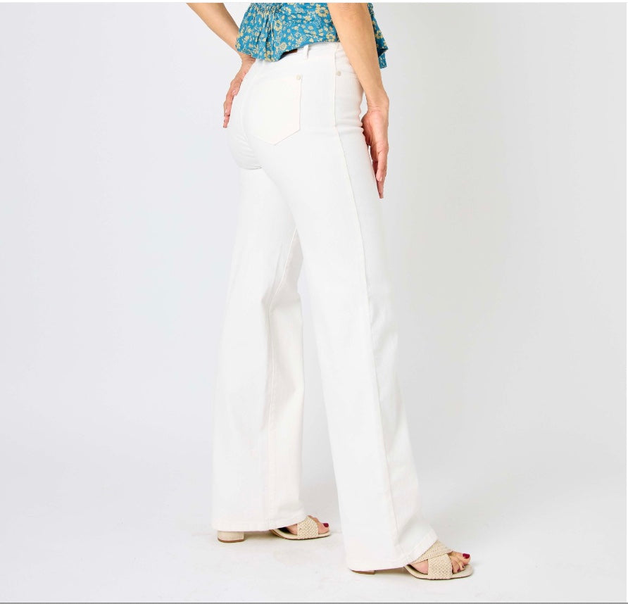 Judy Blue White High Waist Braided Waistband Wide Leg Jeans