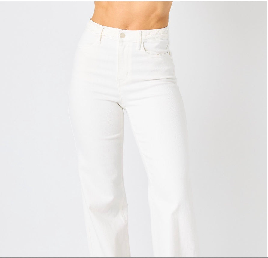 Judy Blue White High Waist Braided Waistband Wide Leg Jeans