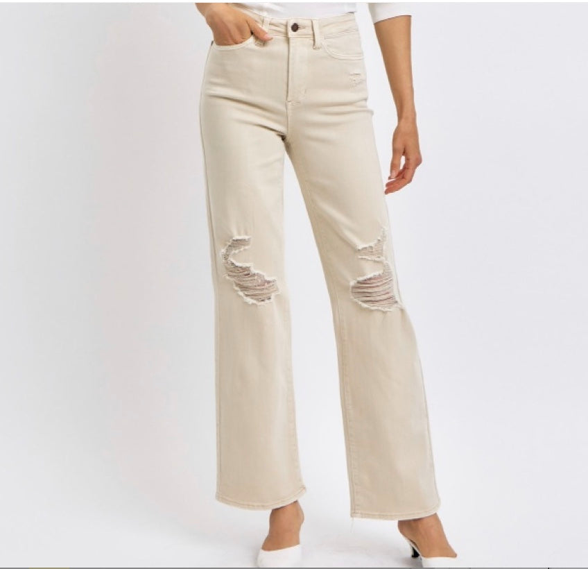 Judy Blue High Waist Garment Dyed Destroyed 90's Straight Jeans