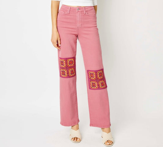 Judy Blue High Waist Dusty Pink Dyed Crochet Patch Wide Leg Jeans