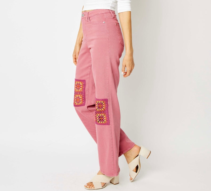 Judy Blue High Waist Dusty Pink Dyed Crochet Patch Wide Leg Jeans