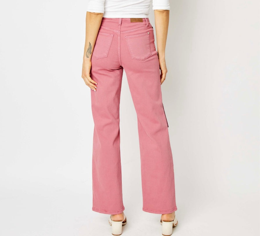 Judy Blue High Waist Dusty Pink Dyed Crochet Patch Wide Leg Jeans