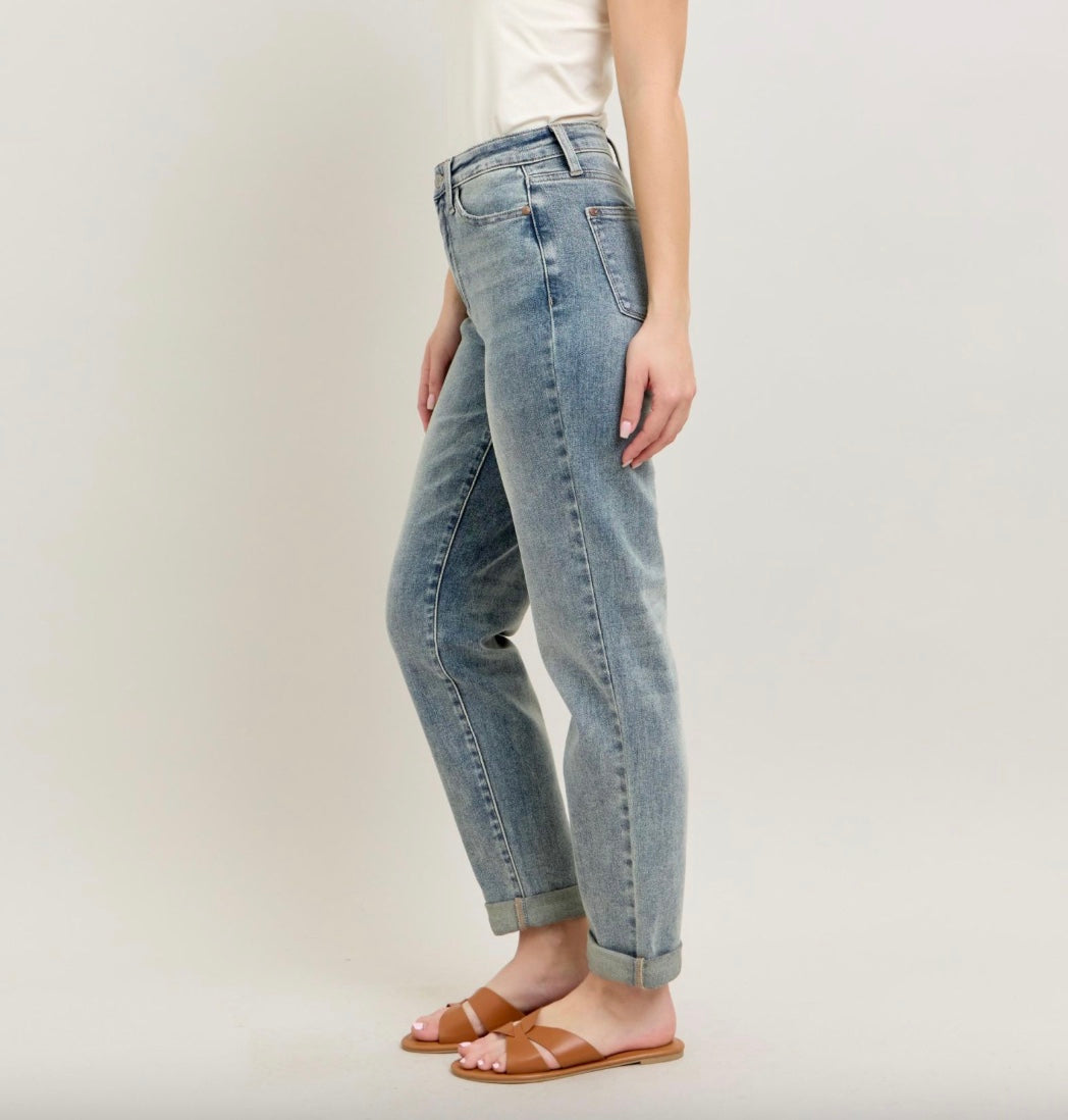 Judy Blue High Waist Vintage Wash Double Roll Cuff Boyfriend Jeans