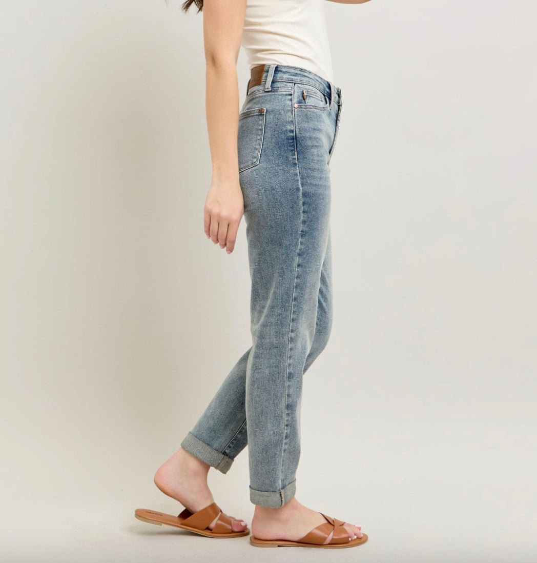 Judy Blue High Waist Vintage Wash Double Roll Cuff Boyfriend Jeans