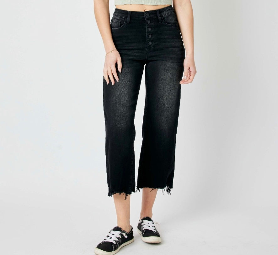 Judy Blue Tara High Rise Ripped Raw Hem Crop Wide Leg Jeans Pizzazz Beloit