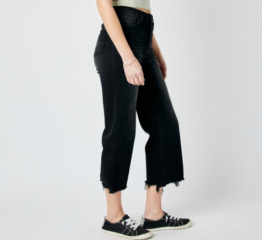 Judy Blue Tara High Rise Ripped Raw Hem Crop Wide Leg Jeans Pizzazz Beloit